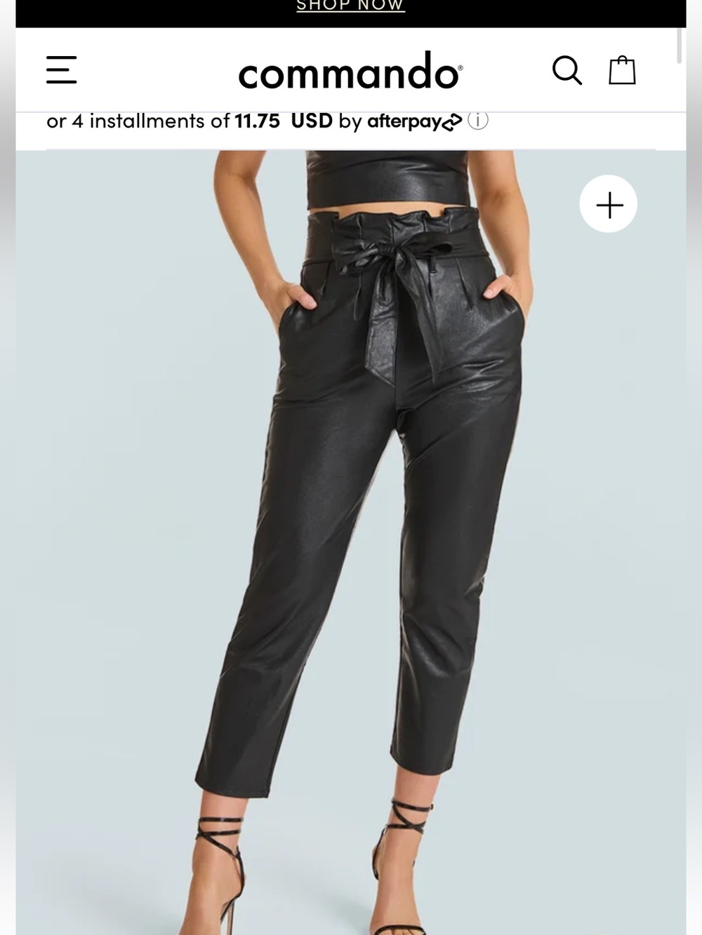 Commando Black Faux Leather Paperbag Ankle Pants with Tie Waist